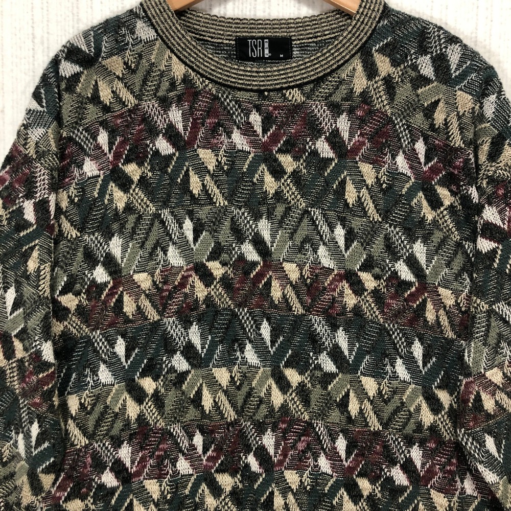 Vintage 90s TSR USA Grandpa Sweater Medium Geometric‎ Abstract Knit Earth Tone